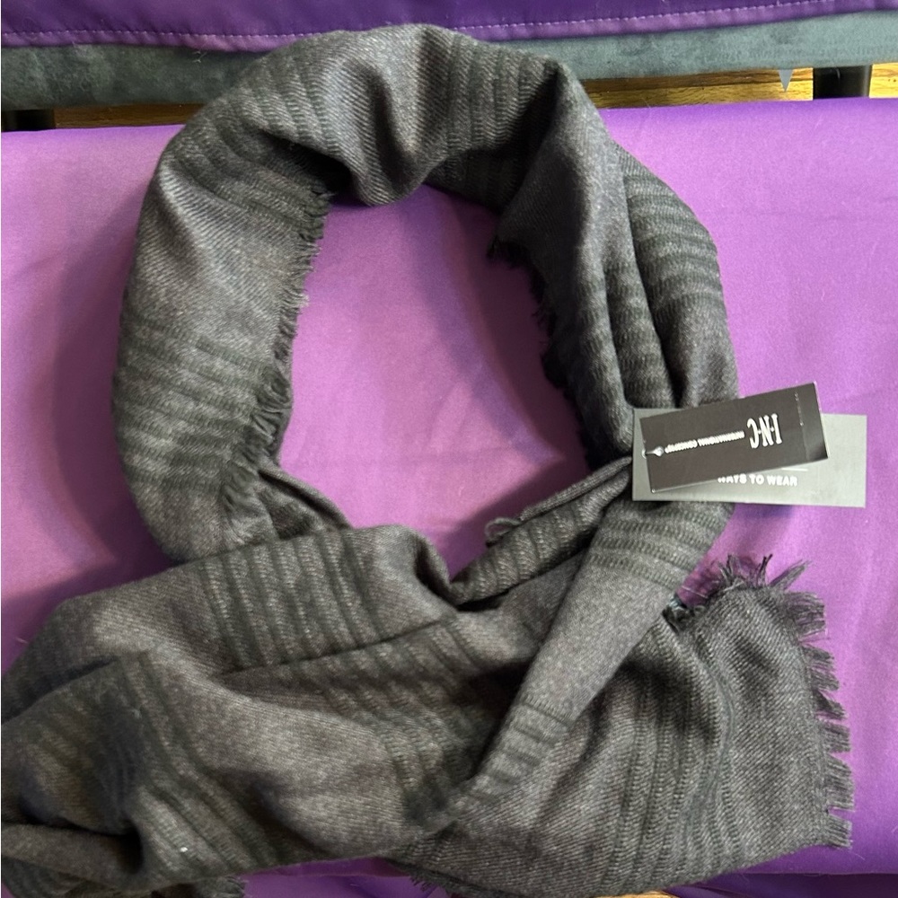 NWT INC wrap scarf dark grey with cluster of 7 black stripes running through it